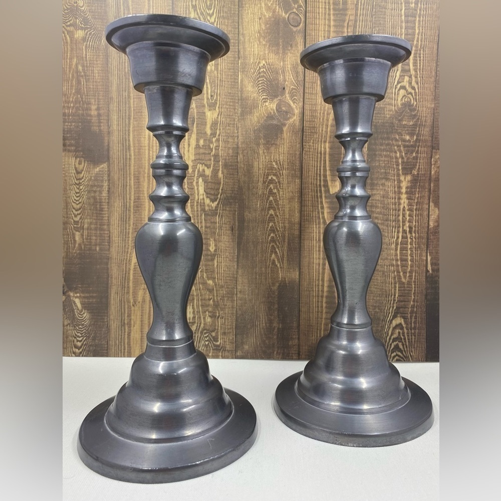 PAIR~VINTAGE~PEWTER~CANDLEHOLDERS~SUBSTANTIAL WEIGHT~NICE~4 1/4” x 9 1/2”~G2MC**